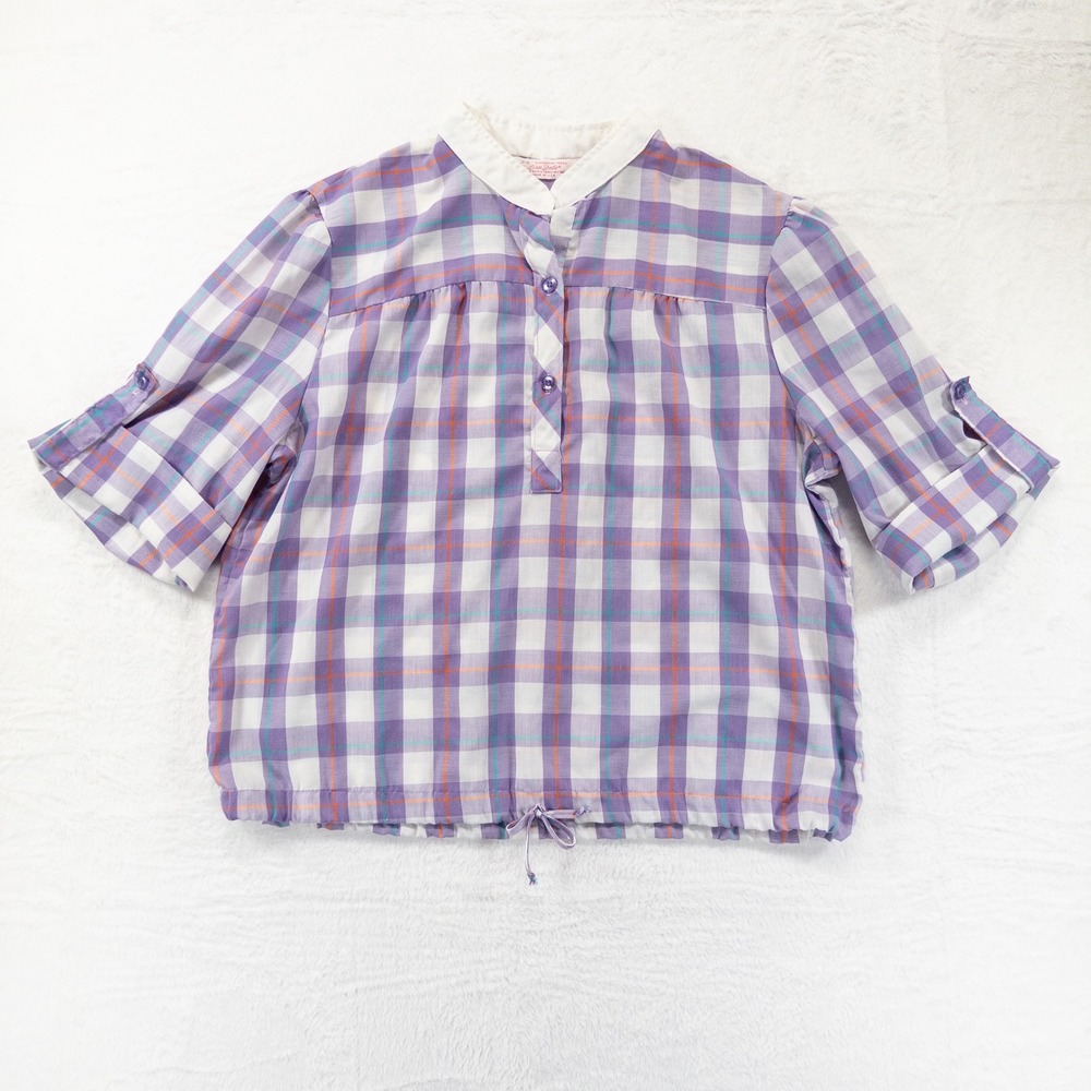 Lisa Dale Womens Blouse 17-18 Purple Plaid Vintage Short Sleeve Drawstring Hem